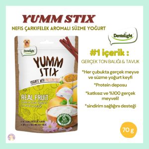 Dentalight Yumm Stix Yumuşak Yoğurtlu & Tutku Meyveli Ton Balıklı Köpek Ödül Maması (70g) – Tahılsız, Sindirim Destekli