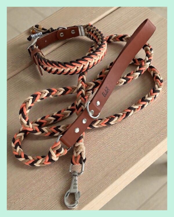 El Yapımı Paracord ve Deri Köpek Boyun Tasması ve Kayışı Seti—Örgü Strong 006